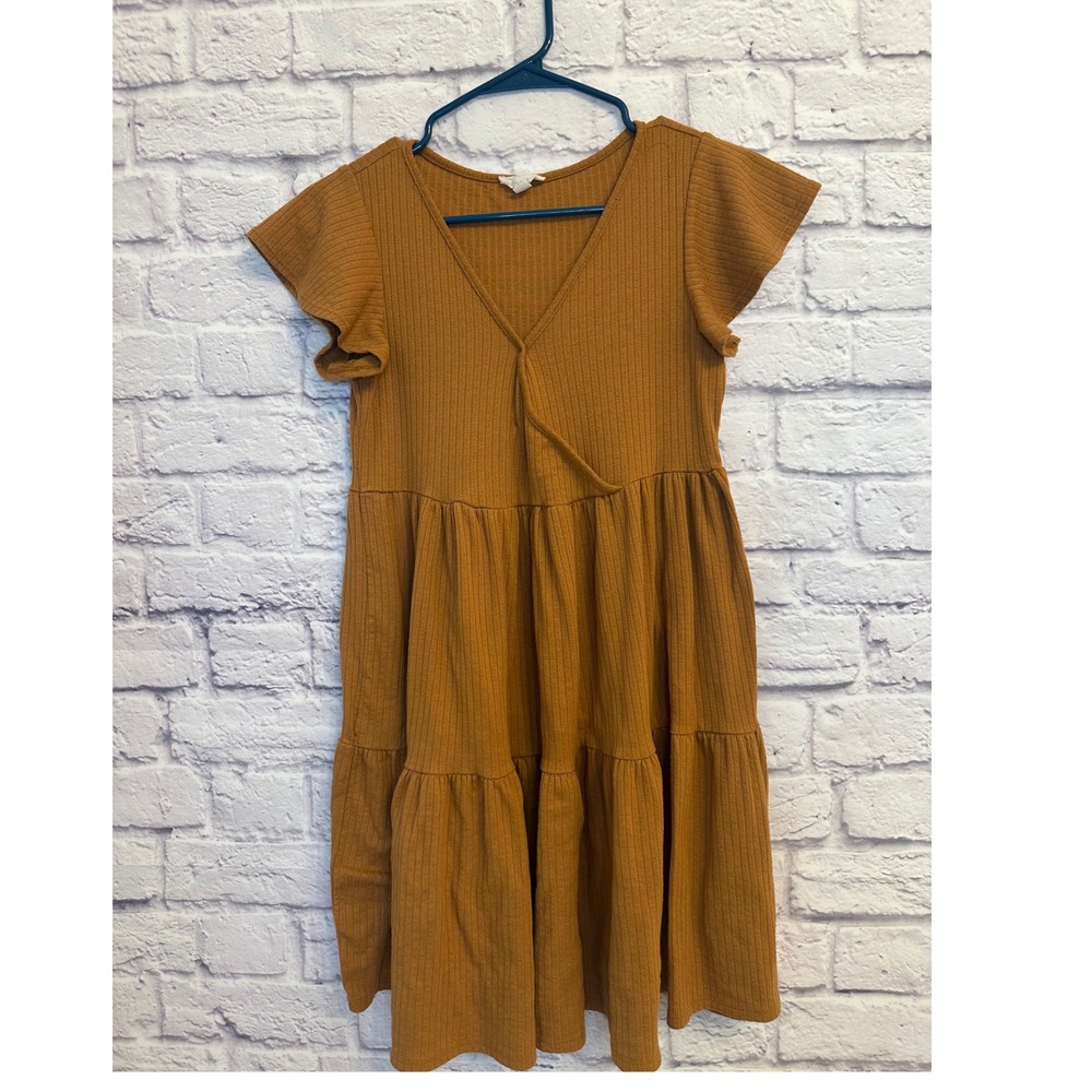 See You Monday Ribbed Tiered V Neck Flutter Sleeve Mini Dress Women's Medium